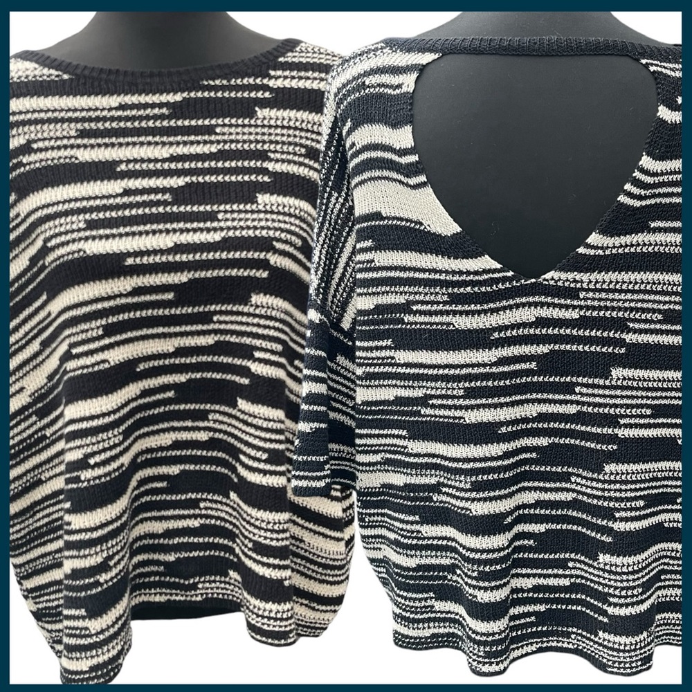 Eileen Fisher Black/White Oversized Linen/Cotton Blend Short Sleeve Sweater (L)